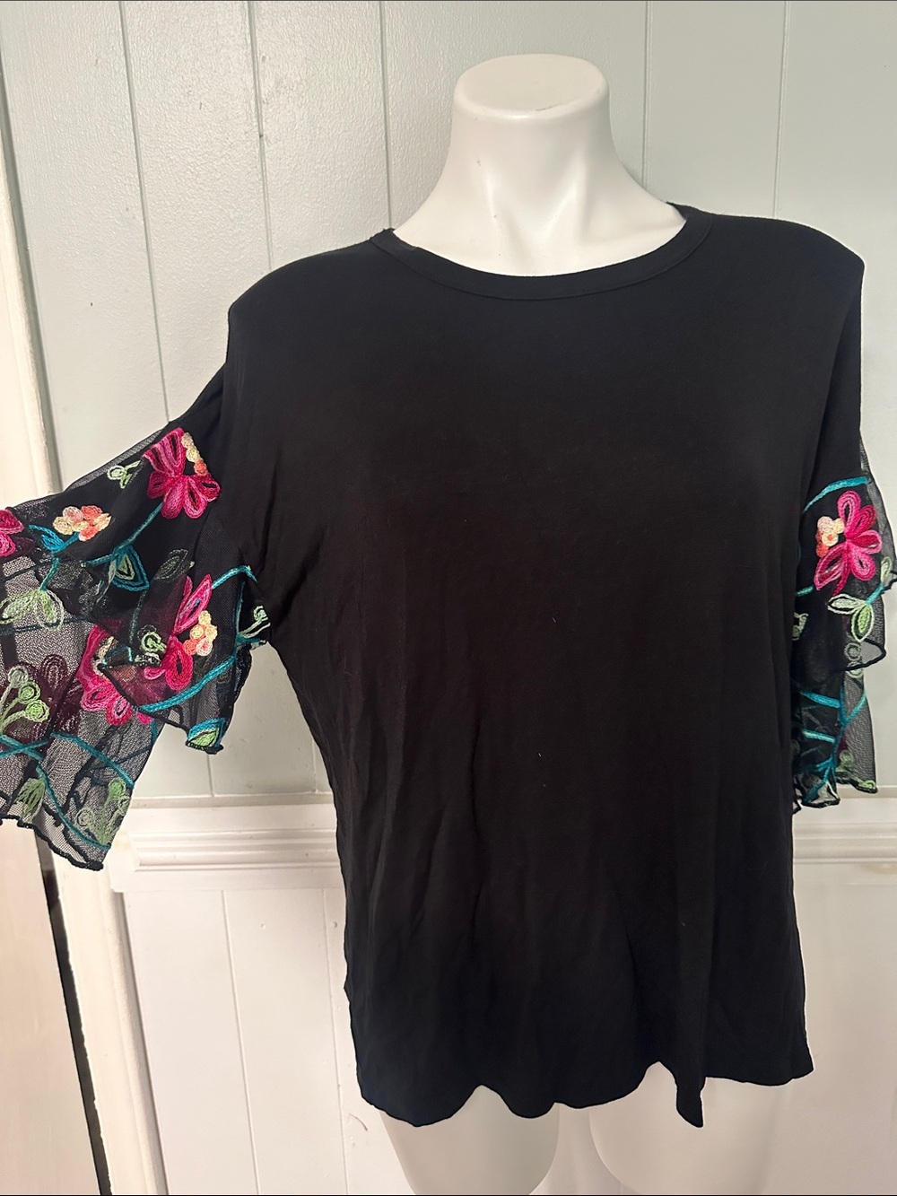 Kim & Cami Black Top with Embroidered Floral Mesh Sleeves